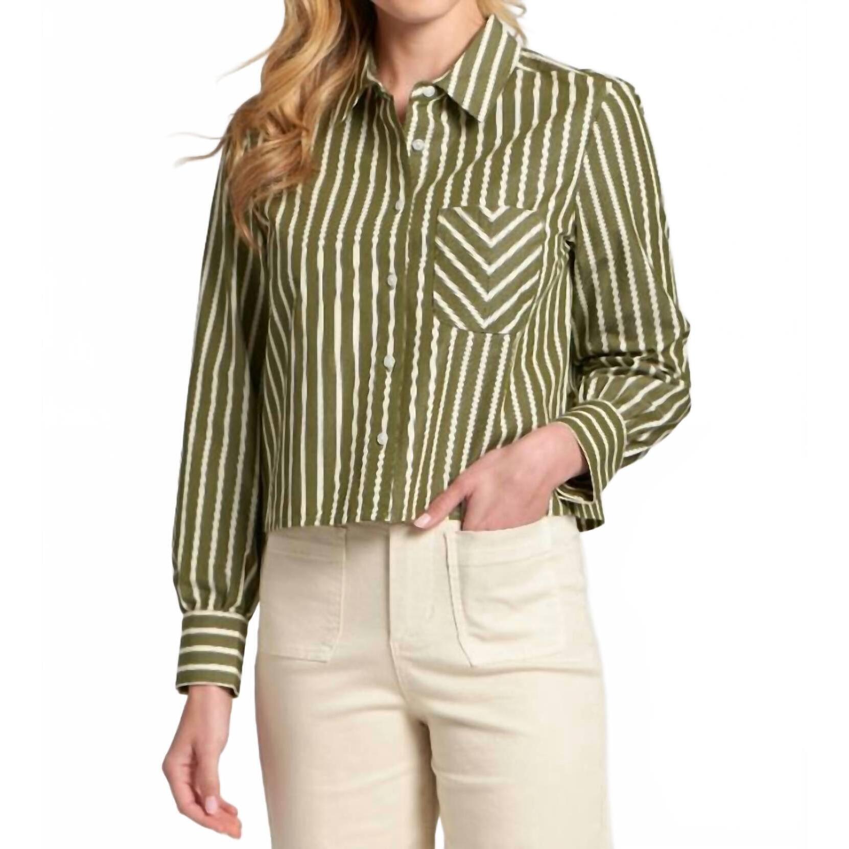 New Apny Cropped Striped Blouse In Olive/White